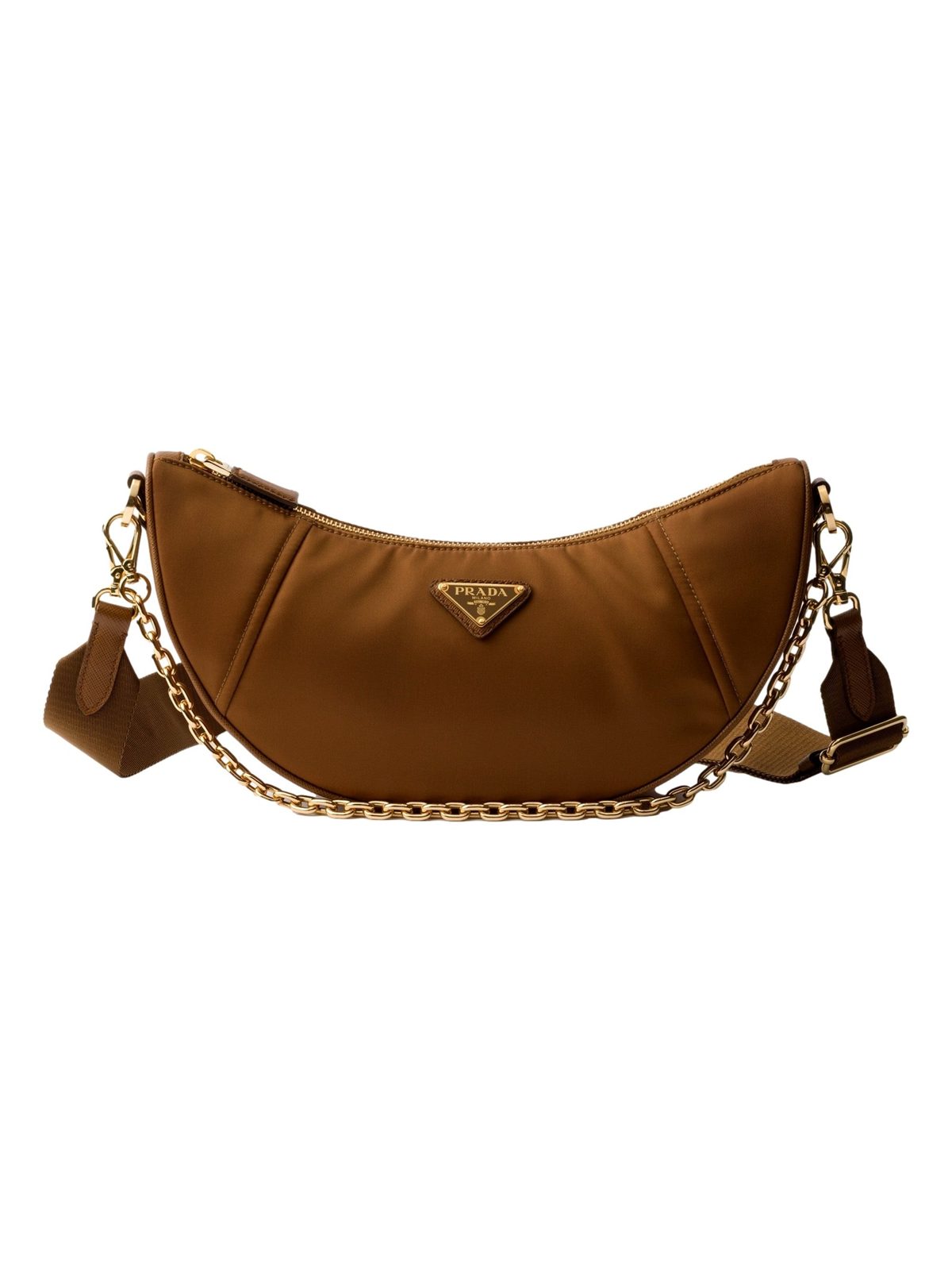 Prada Demi Lune Re-Nylon Crescent Shoulder Bag in Brown