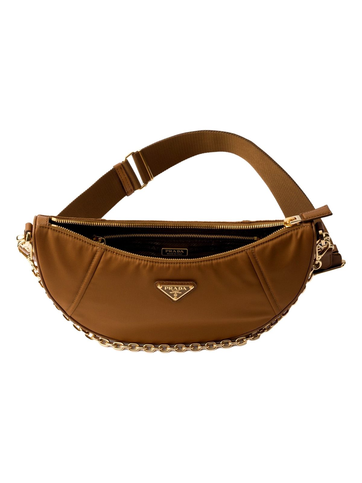 Prada Demi Lune Re-Nylon Crescent Shoulder Bag in Brown