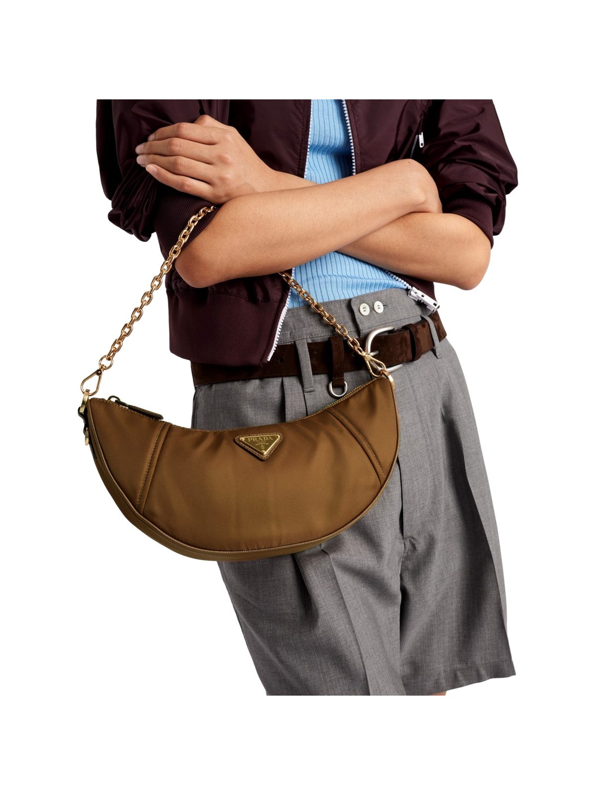 Prada Demi Lune Re-Nylon Crescent Shoulder Bag in Brown