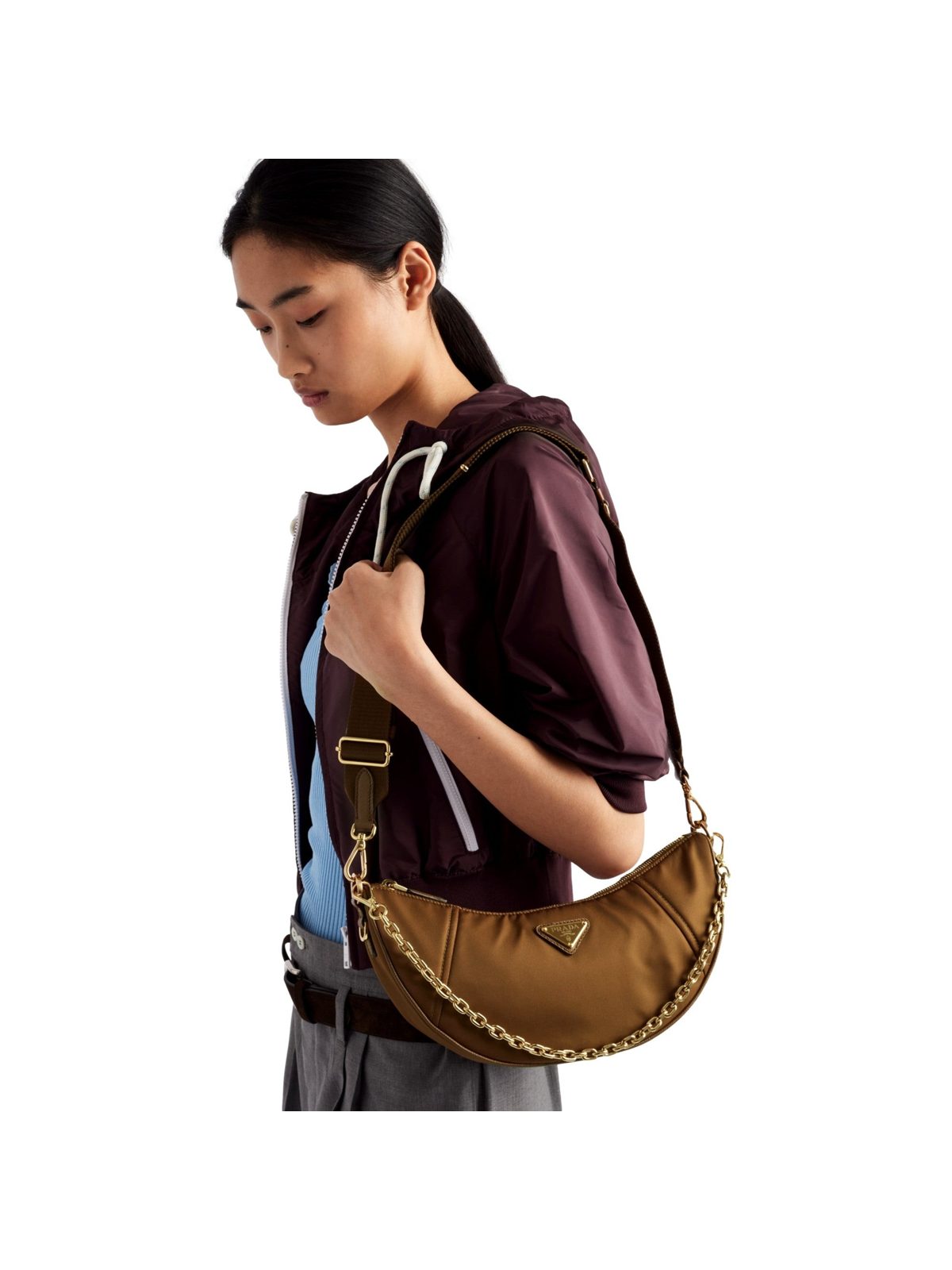 Prada Demi Lune Re-Nylon Crescent Shoulder Bag in Brown
