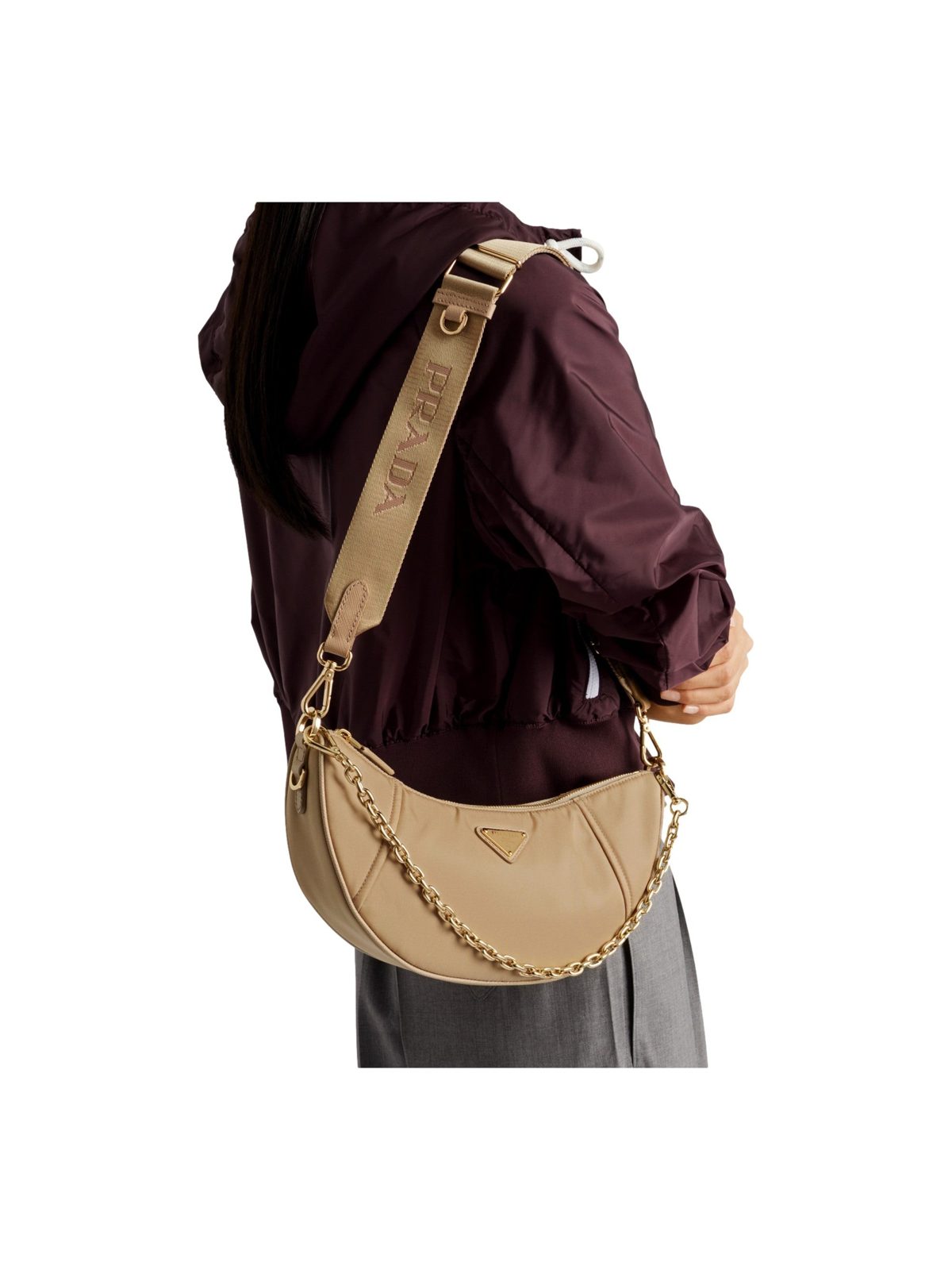 Prada Demi Lune Re-Nylon Crescent Shoulder Bag in Beige