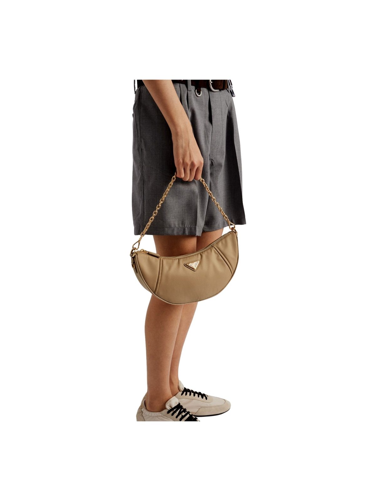 Prada Demi Lune Re-Nylon Crescent Shoulder Bag in Beige