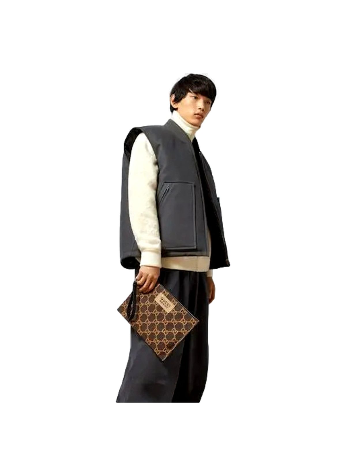 Gucci Ripstop Canvas Jumbo GG Large Clutch Wristlet Brown Beige