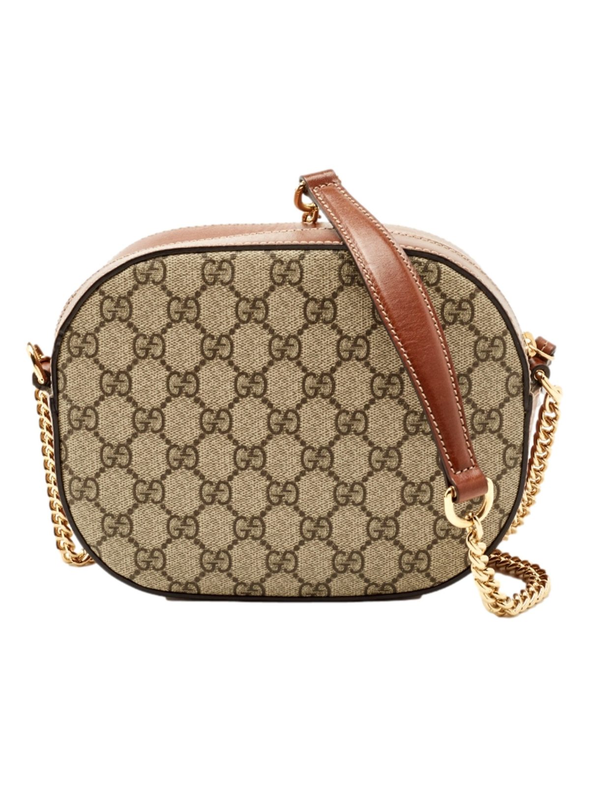 Gucci GG Supreme Canvas Mini Oval Chain Crossbody Bag Brown Leather Trim