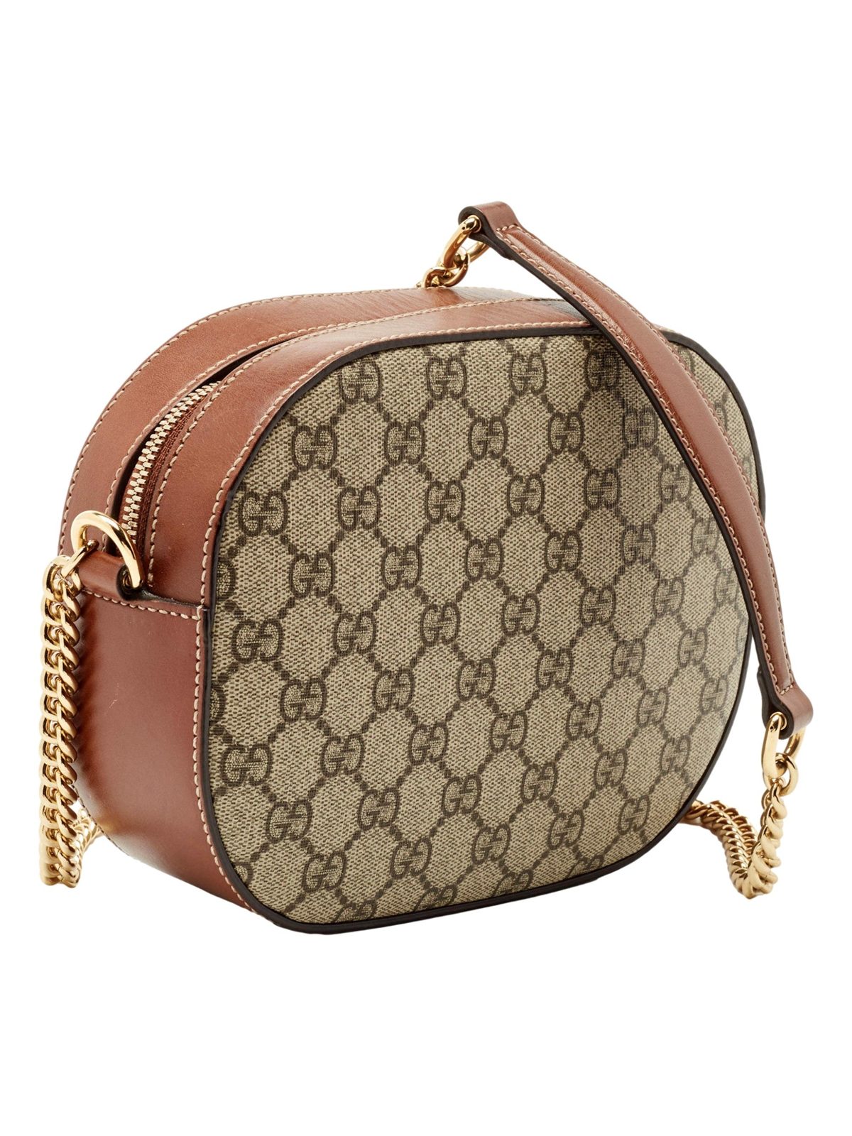 Gucci GG Supreme Canvas Mini Oval Chain Crossbody Bag Brown Leather Trim