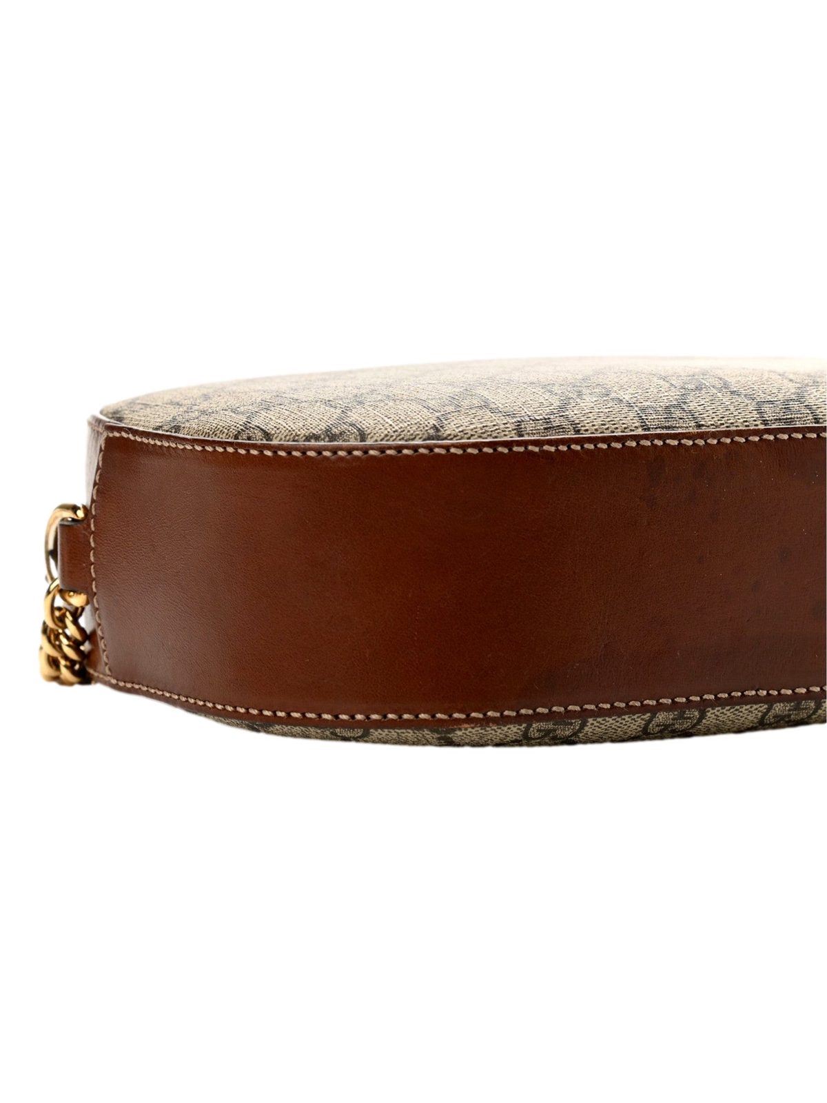 Gucci GG Supreme Canvas Mini Oval Chain Crossbody Bag Brown Leather Trim