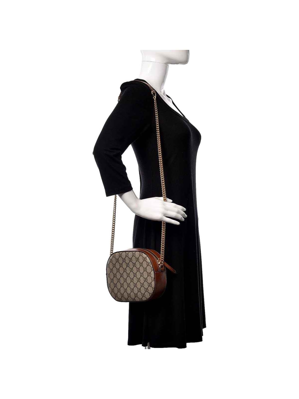 Gucci GG Supreme Canvas Mini Oval Chain Crossbody Bag Brown Leather Trim