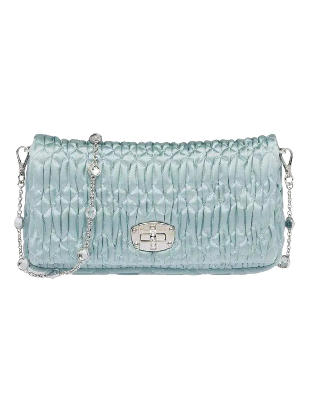 Miu Miu Satin Quilted Crystal Embellished Chain Crossbody Light Blue