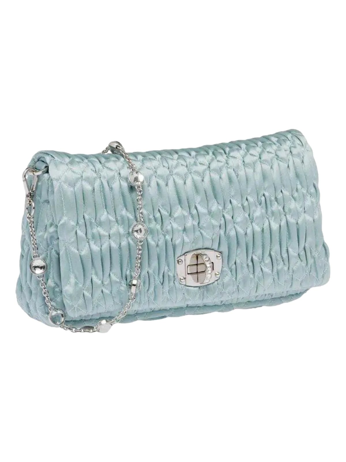 Miu Miu Satin Quilted Crystal Embellished Chain Crossbody Light Blue