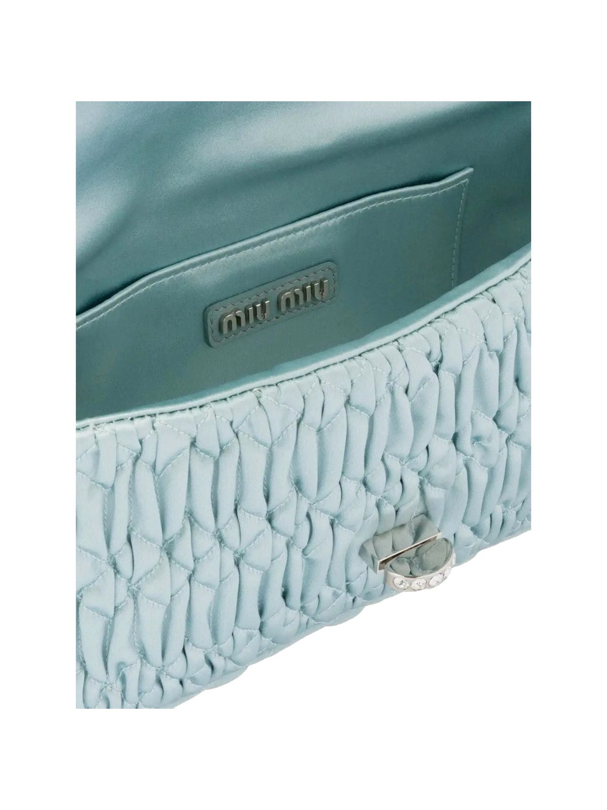 Miu Miu Satin Quilted Crystal Embellished Chain Crossbody Light Blue