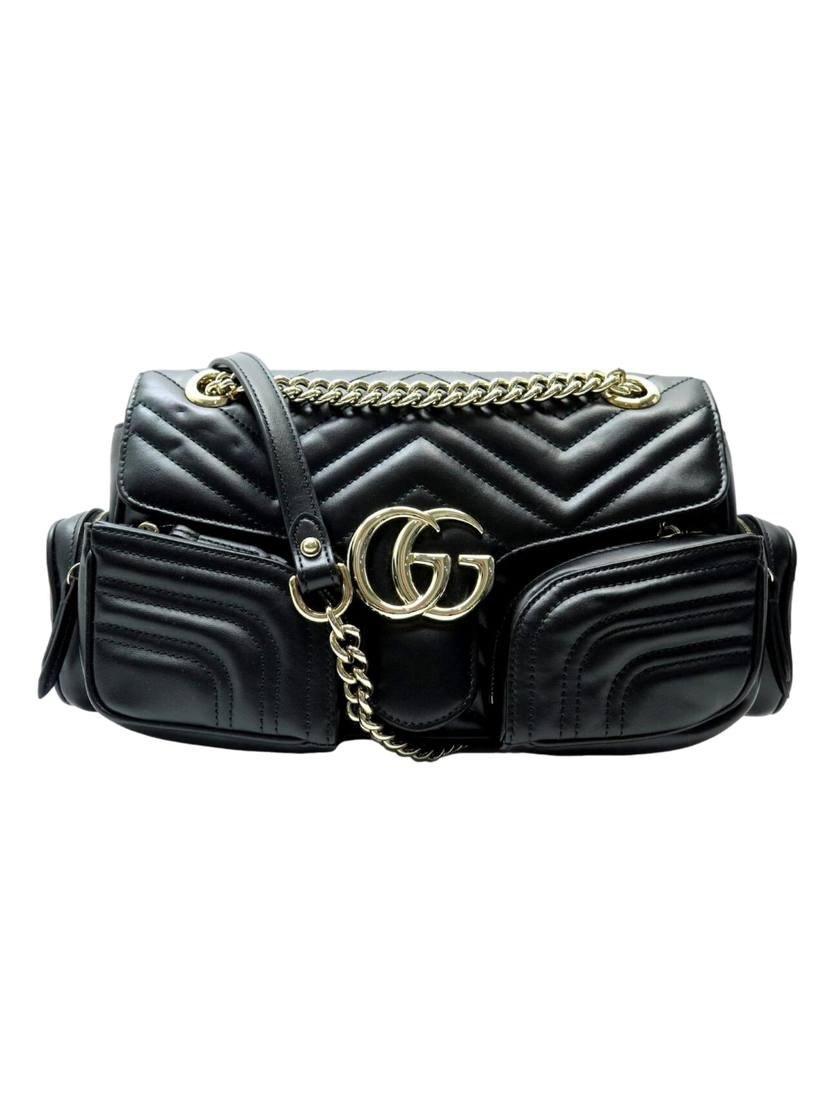 Gucci GG Marmont Dual Compartment Black Leather Shoulder Bag Gold Logo
