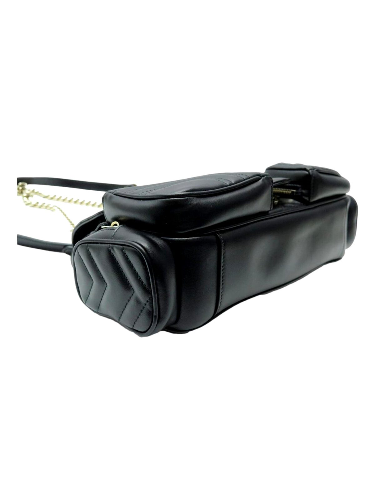 Gucci GG Marmont Dual Compartment Black Leather Shoulder Bag Gold Logo