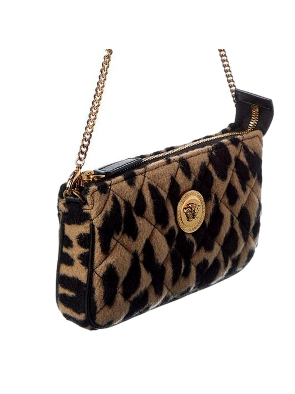 Versace Leopard Print Fur Mini Shoulder Bag Gold Medusa Chain Designer Handbag