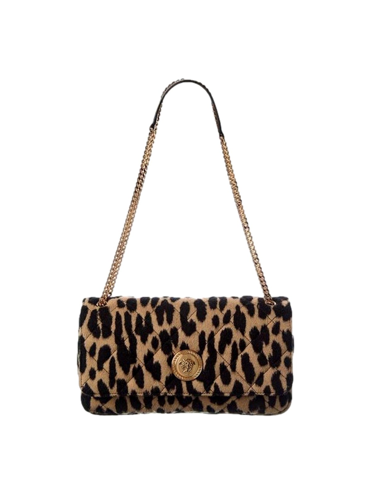 Versace Leopard Print Wool Leather Shoulder Bag Gold Medallion Chain Strap