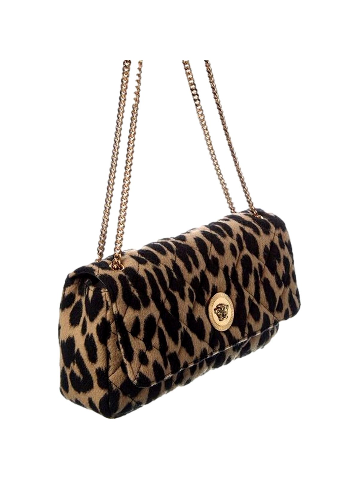 Versace Leopard Print Wool Leather Shoulder Bag Gold Medallion Chain Strap