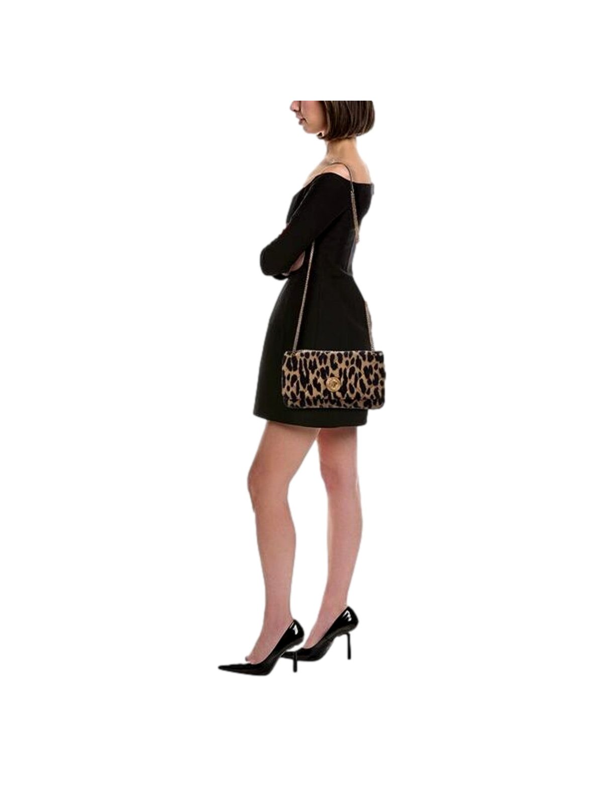 Versace Leopard Print Wool Leather Shoulder Bag Gold Medallion Chain Strap