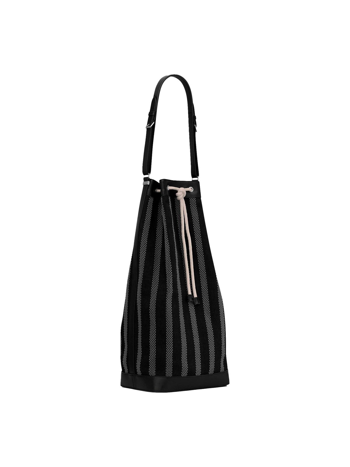 Saint Laurent Canvas Leather Trim Oversized Drawstring Bucket Bag Black