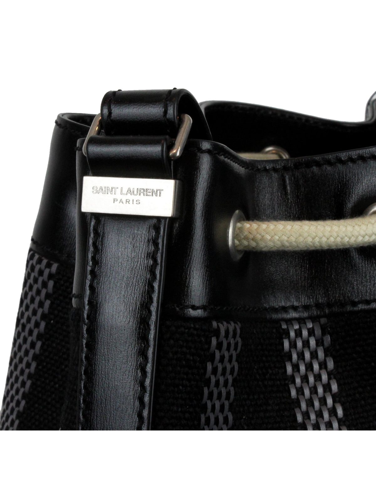 Saint Laurent Canvas Leather Trim Oversized Drawstring Bucket Bag Black