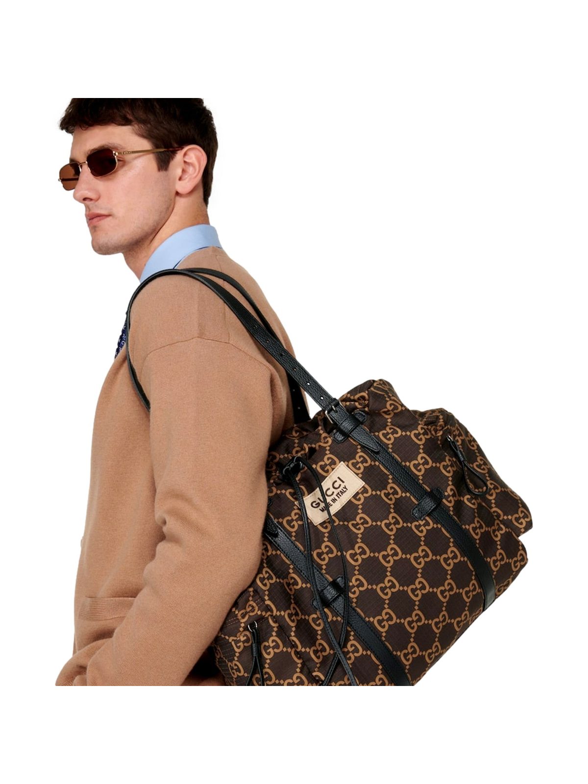 Gucci GG Monogram Utility Tote Bag Brown Ripstop Canvas Leather Trim