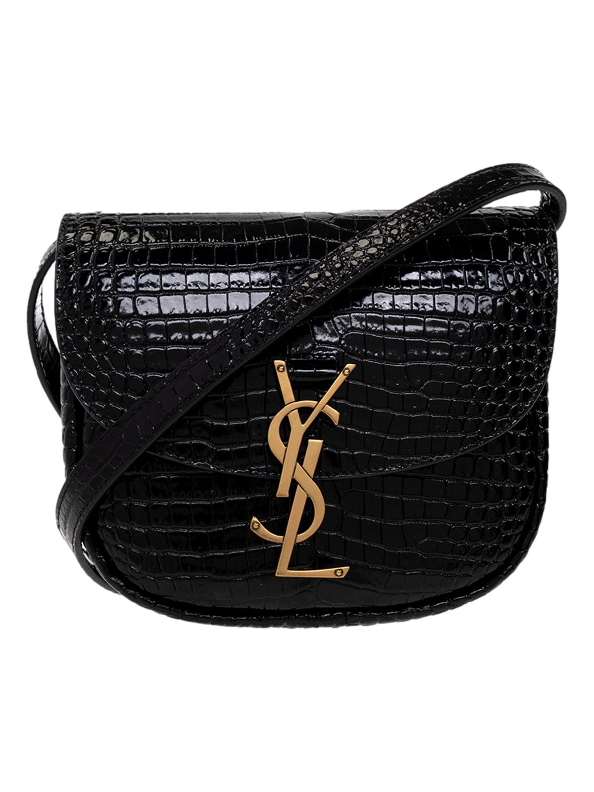 Saint Laurent Small Kaia Croc Embossed Leather Crossbody Bag Black