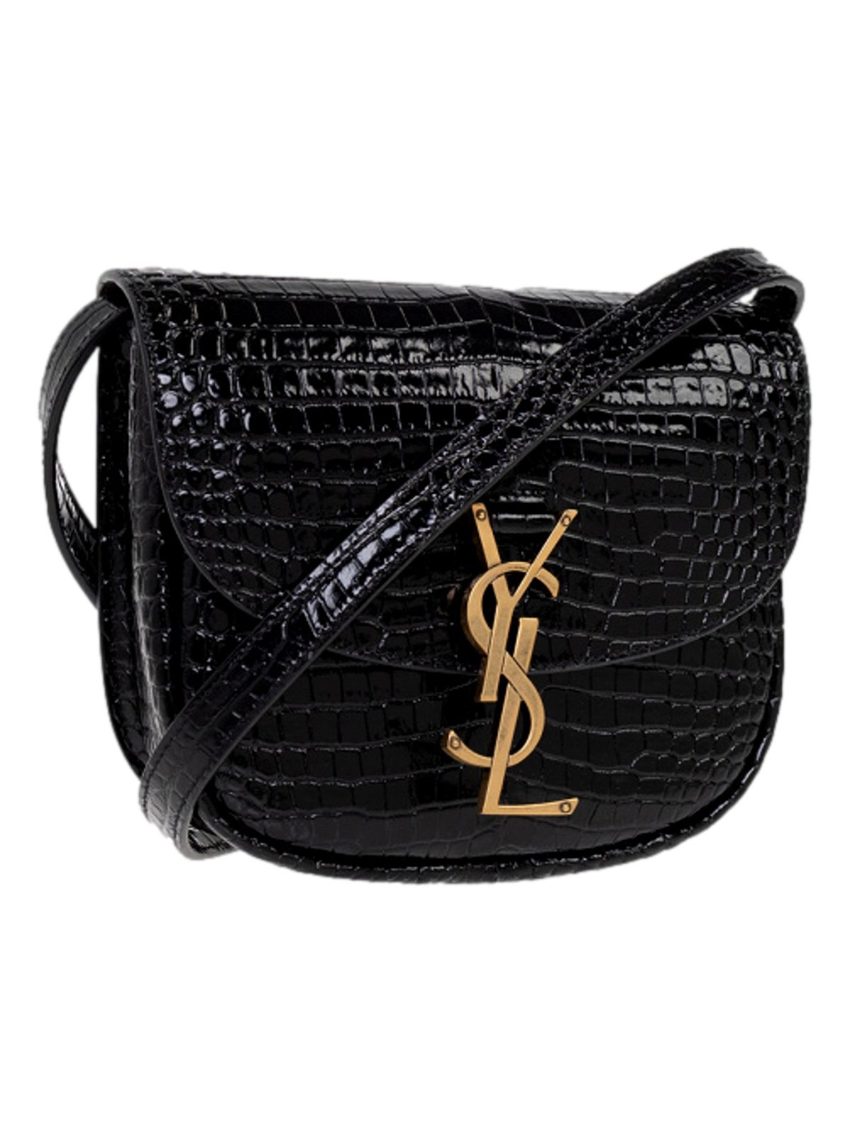 Saint Laurent Small Kaia Croc Embossed Leather Crossbody Bag Black