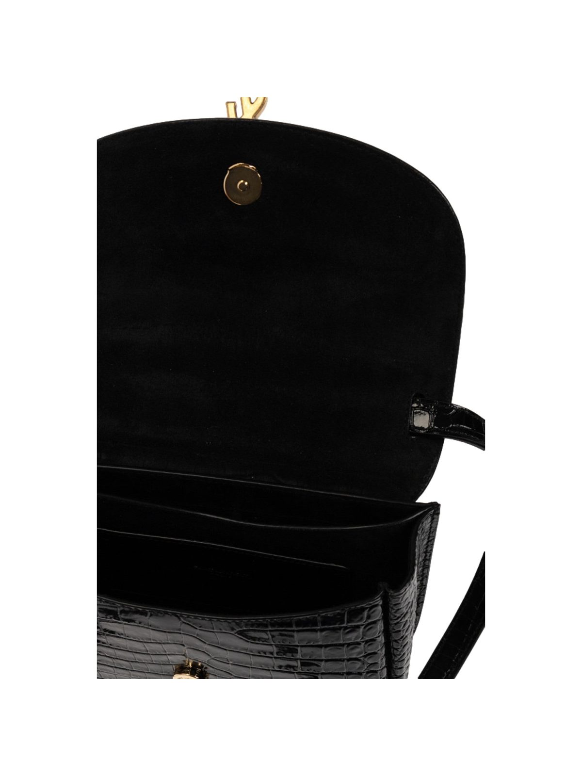 Saint Laurent Small Kaia Croc Embossed Leather Crossbody Bag Black