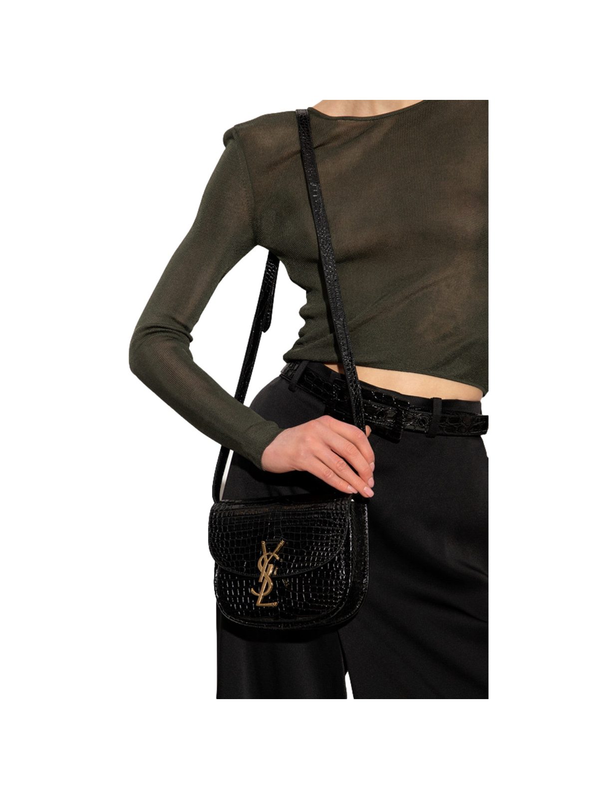 Saint Laurent Small Kaia Croc Embossed Leather Crossbody Bag Black