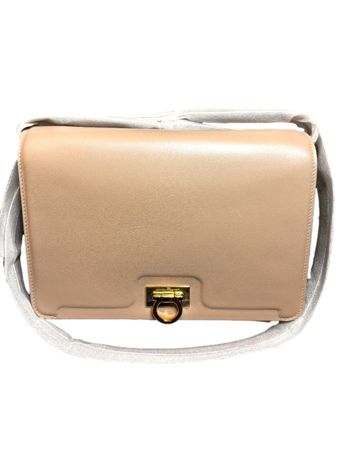 Ferragamo Trifolio Soft Leather Flap Crossbody Bag Ameretti Beige Gold Hardware