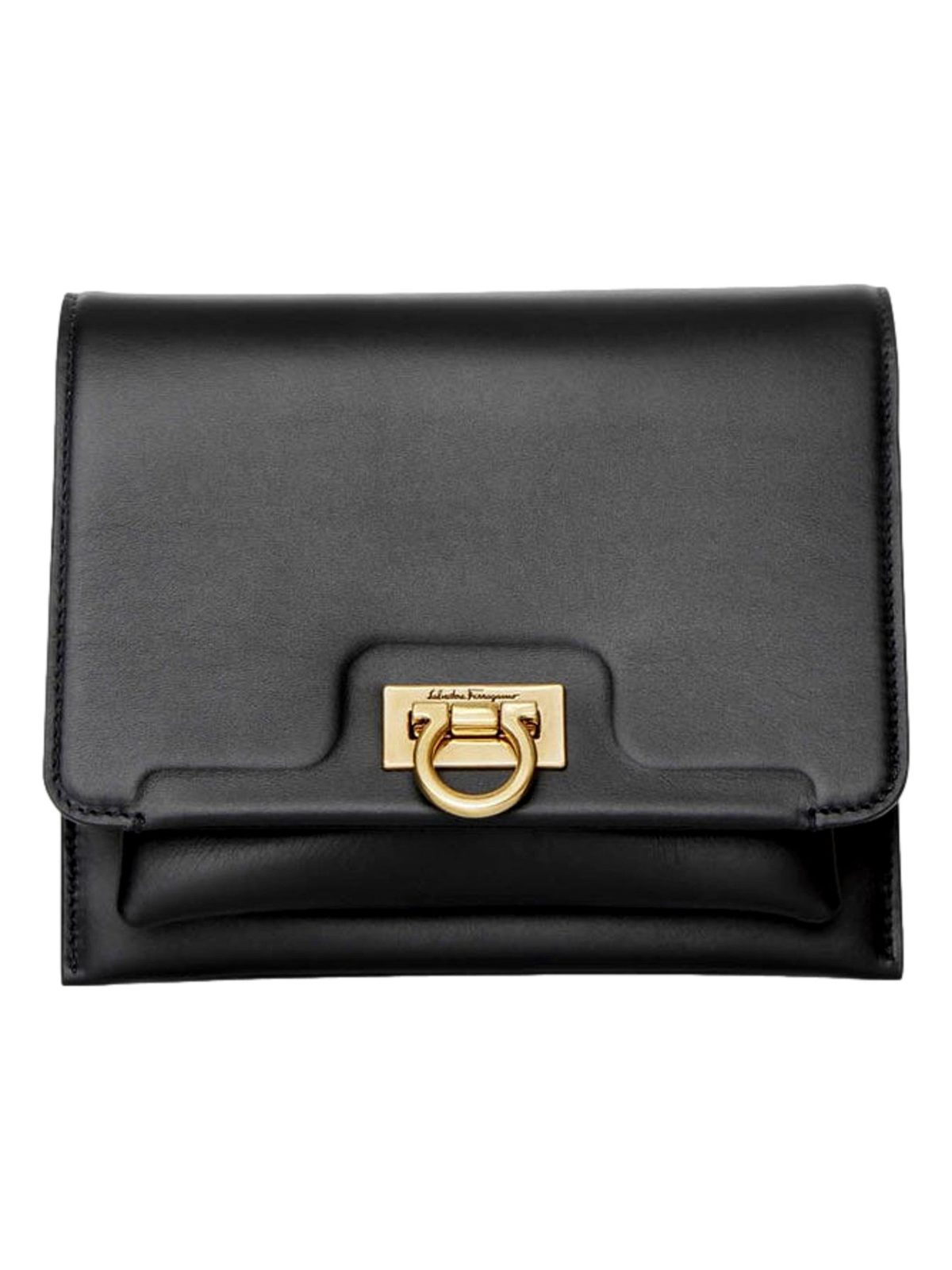 Ferragamo Trifolio Black Leather Flap Crossbody Bag Gold Gancini Designer