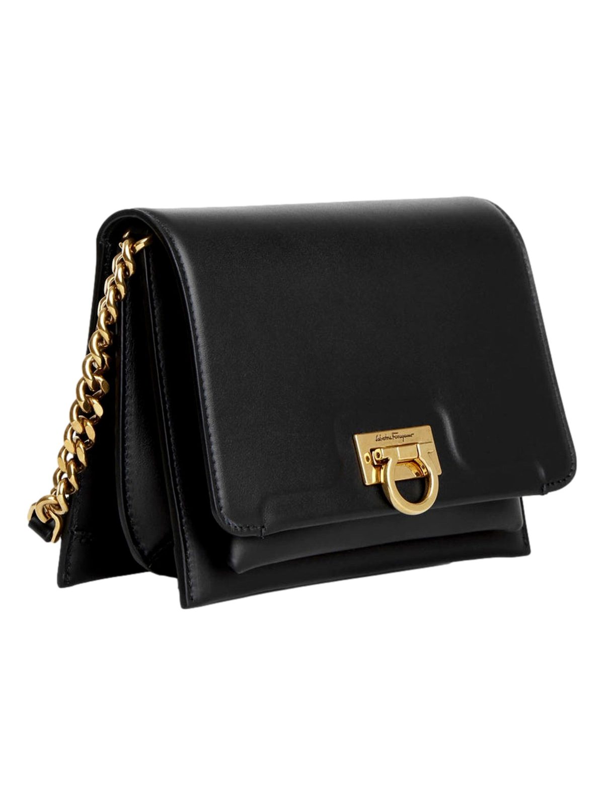 Ferragamo Trifolio Black Leather Flap Crossbody Bag Gold Gancini Designer