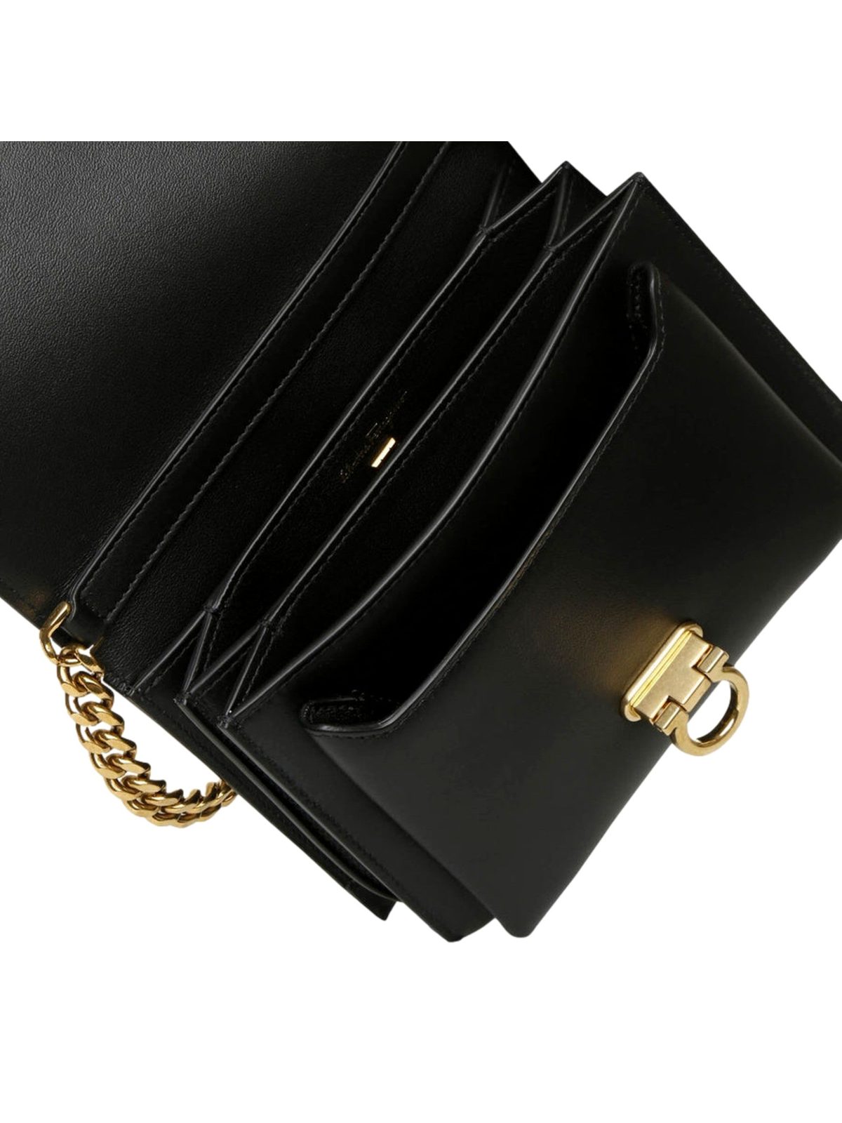Ferragamo Trifolio Black Leather Flap Crossbody Bag Gold Gancini Designer