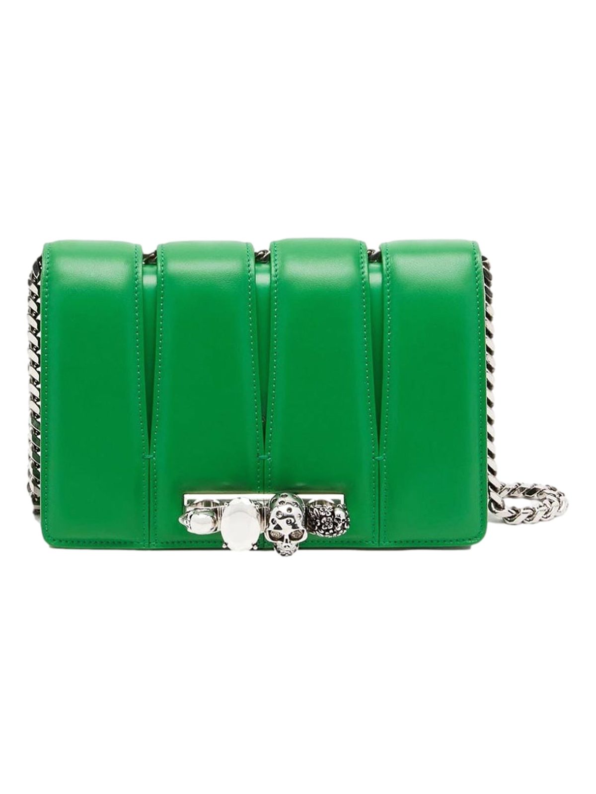 Alexander McQueen The Slash Skull Ring Clutch Bright Green Smooth Leather Silver Hardware