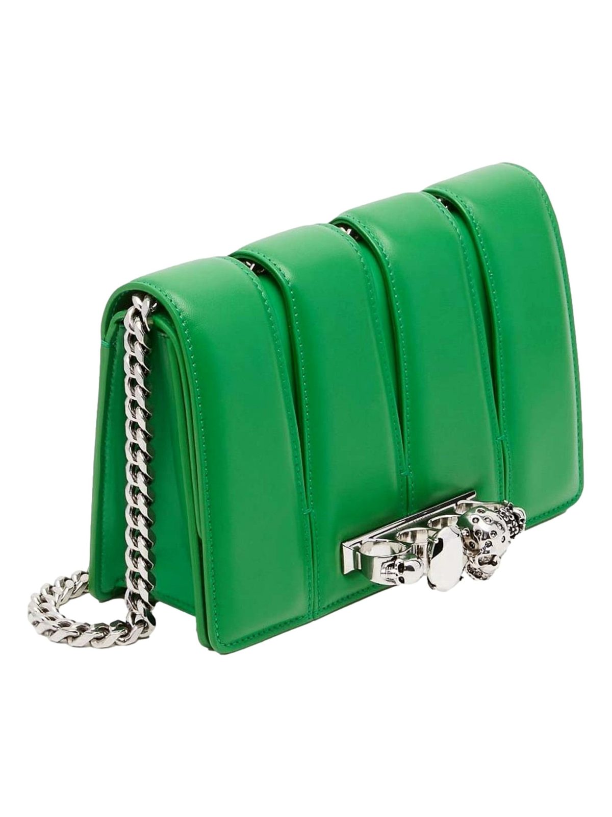 Alexander McQueen The Slash Skull Ring Clutch Bright Green Smooth Leather Silver Hardware