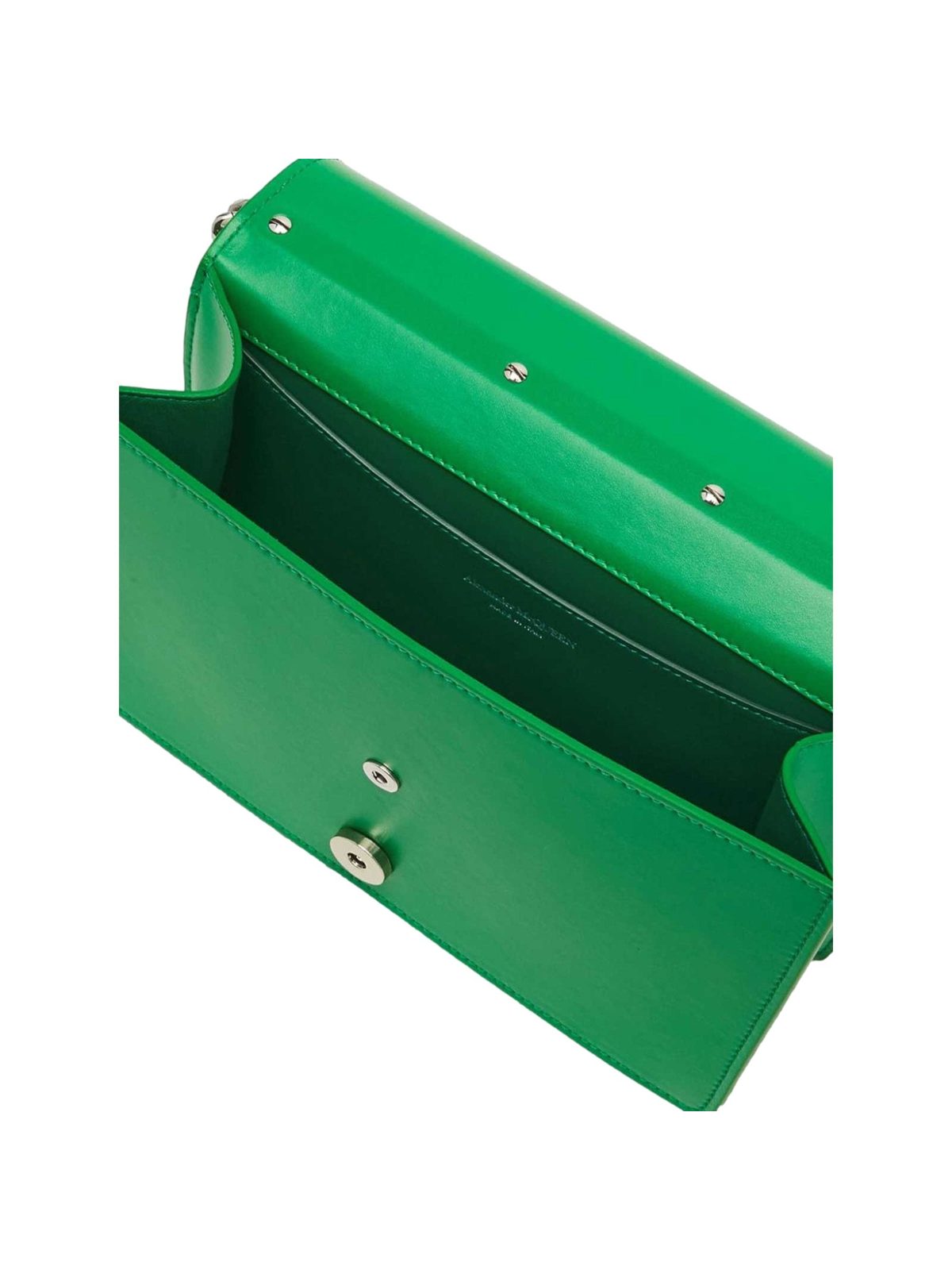 Alexander McQueen The Slash Skull Ring Clutch Bright Green Smooth Leather Silver Hardware