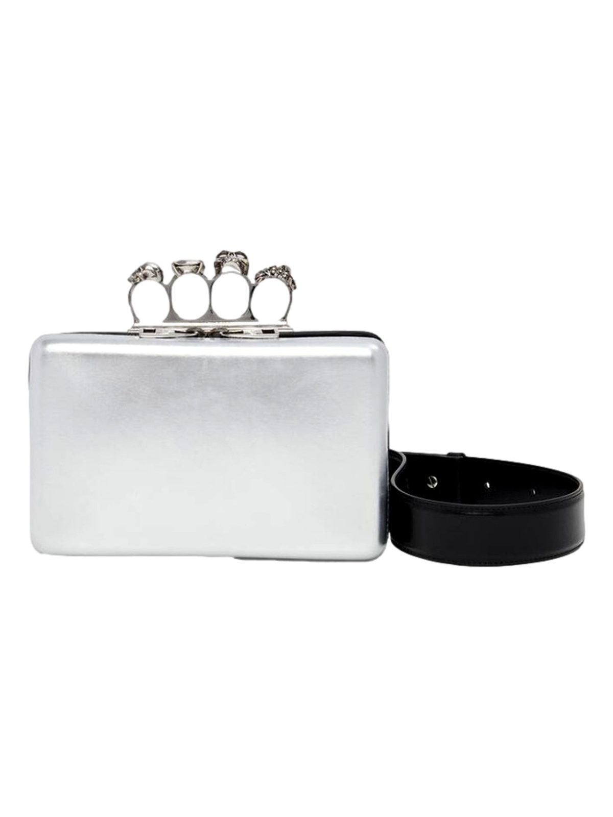 Alexander McQueen The Knuckle Silver Metallic Leather Zip Around Crossbody Bag Skull