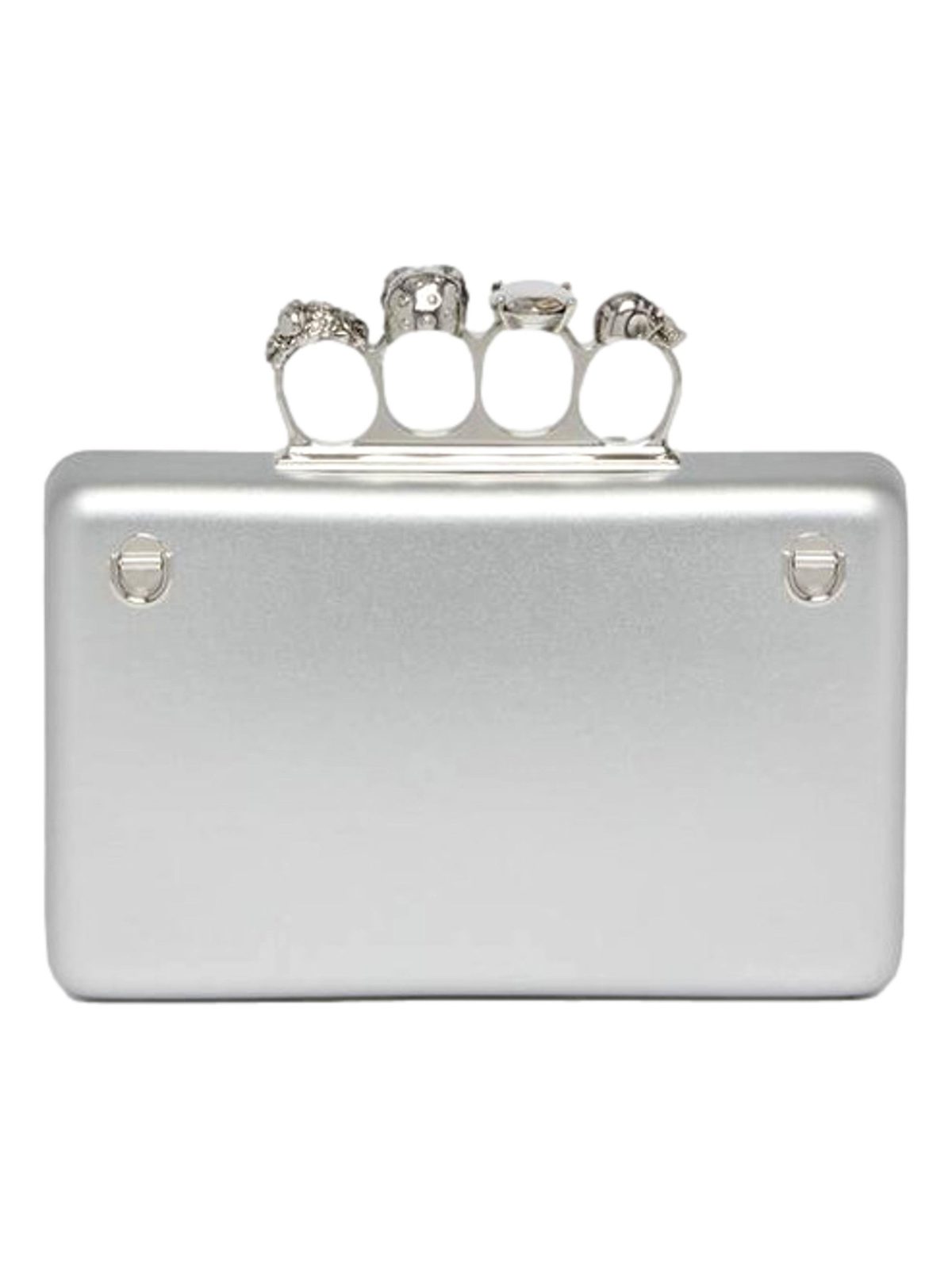 Alexander McQueen The Knuckle Silver Metallic Leather Zip Around Crossbody Bag Skull