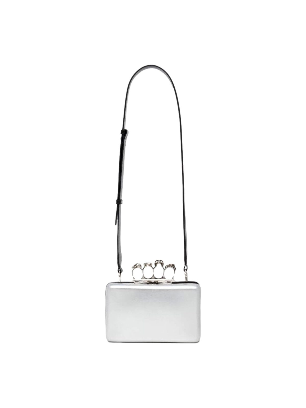 Alexander McQueen The Knuckle Silver Metallic Leather Zip Around Crossbody Bag Skull