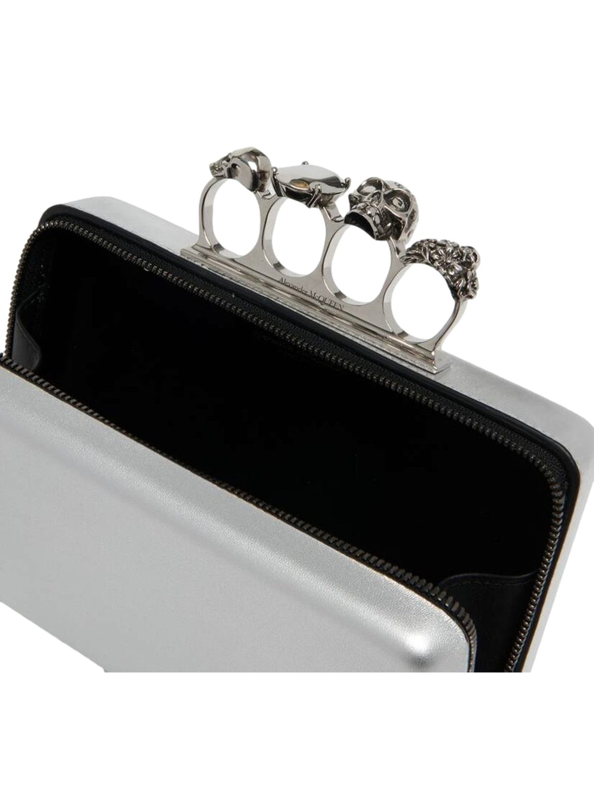 Alexander McQueen The Knuckle Silver Metallic Leather Zip Around Crossbody Bag Skull