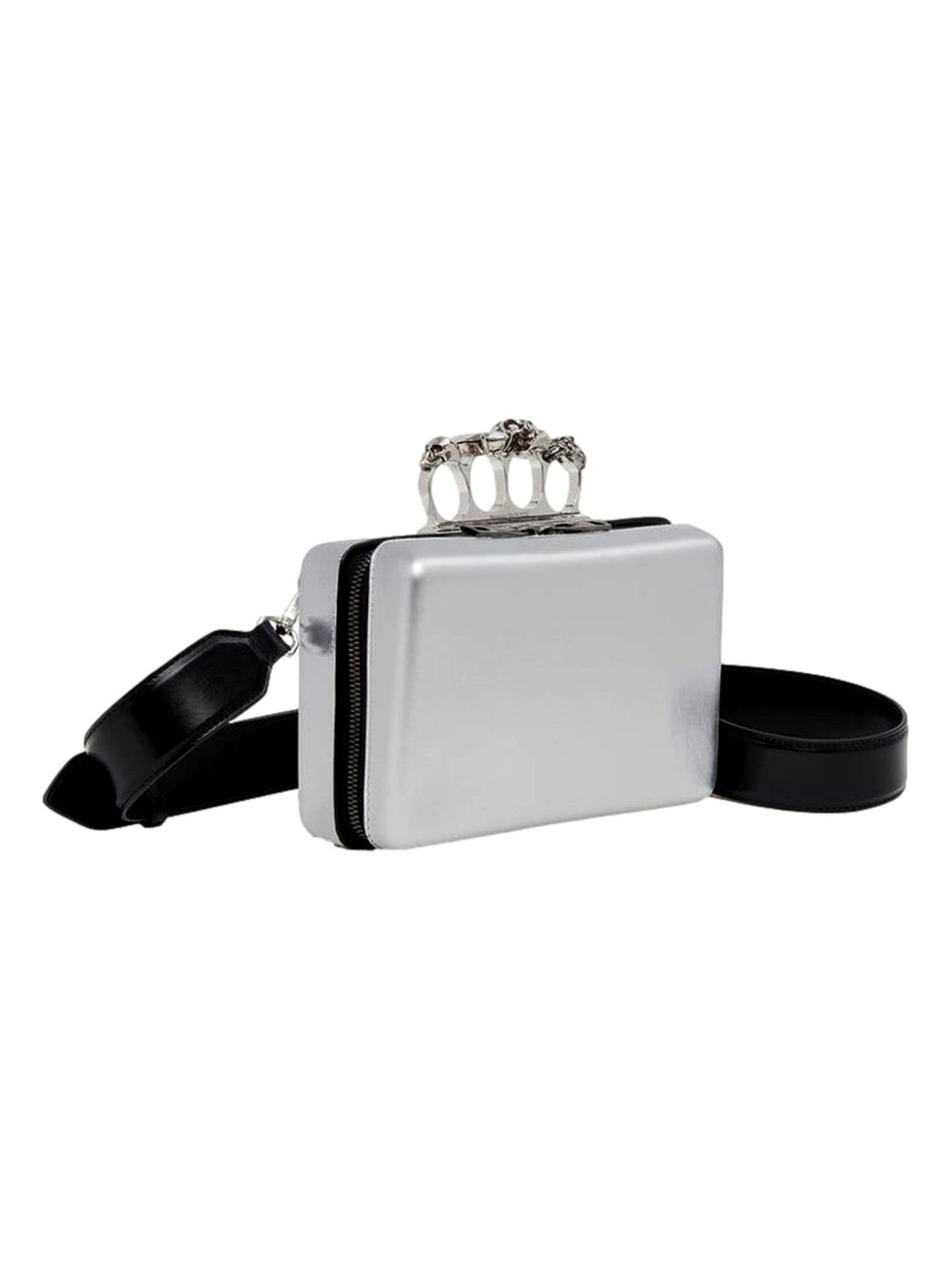 Alexander McQueen The Knuckle Silver Metallic Leather Zip Around Crossbody Bag Skull