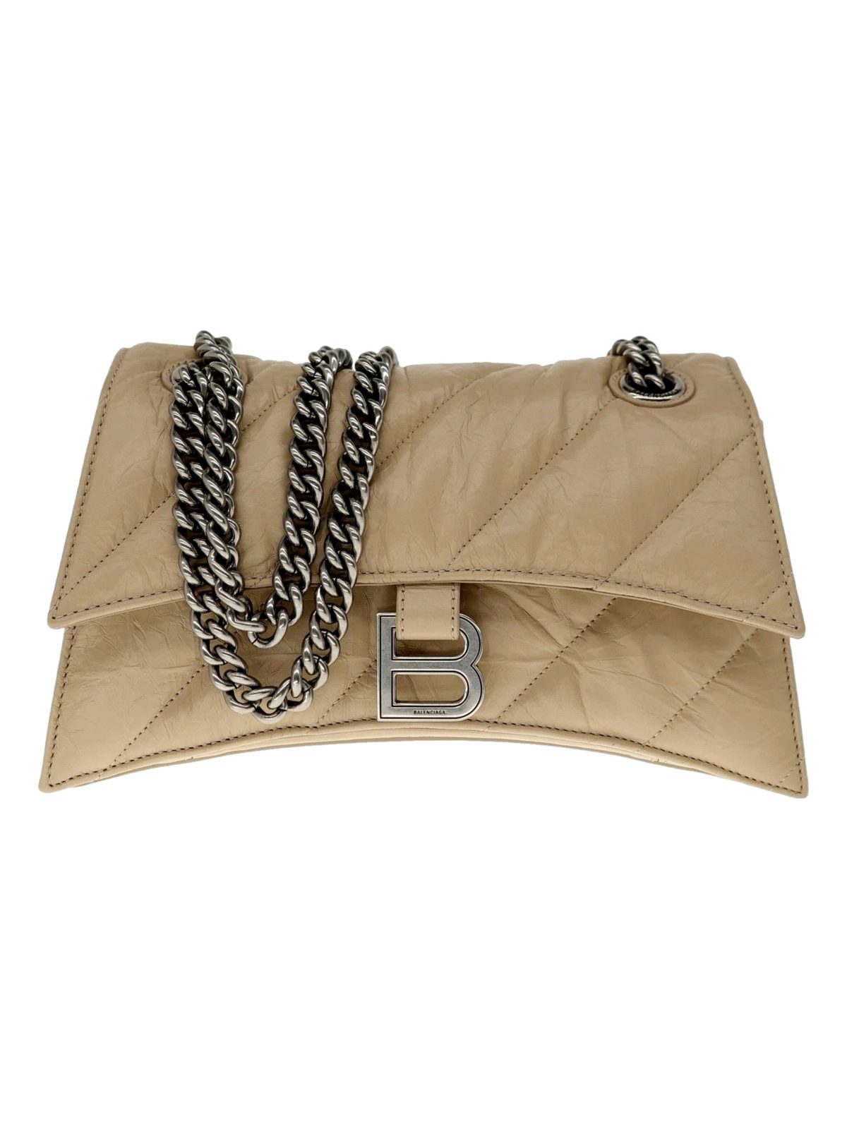 Balenciaga Crush Quilted Leather Chain Shoulder Bag Taupe Silver Hardware