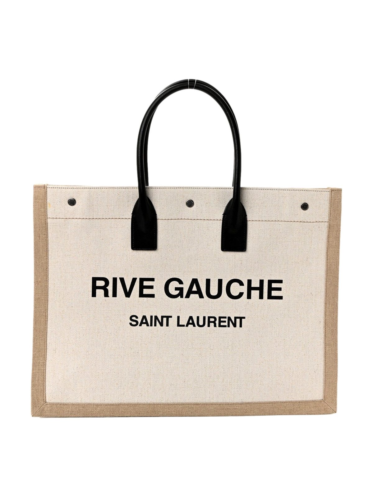 Saint Laurent Rive Gauche Large Tote in Natural Beige Canvas with Black Top Handles
