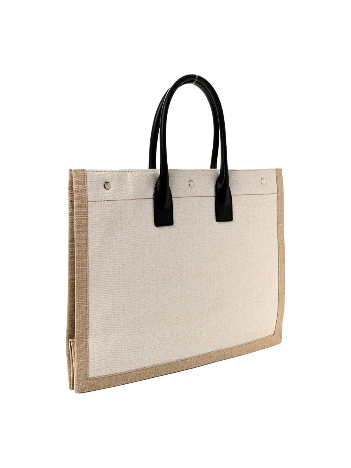 Saint Laurent Rive Gauche Large Tote in Natural Beige Canvas with Black Top Handles