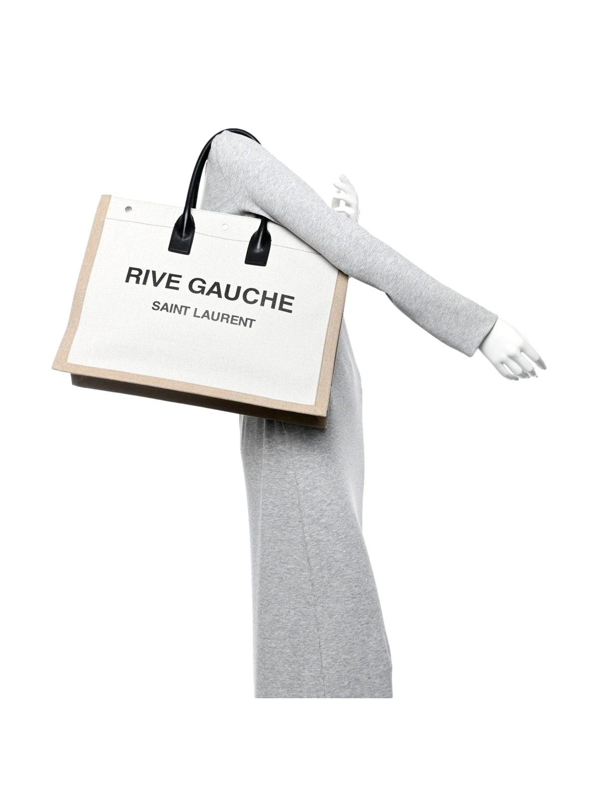 Saint Laurent Rive Gauche Large Tote in Natural Beige Canvas with Black Top Handles