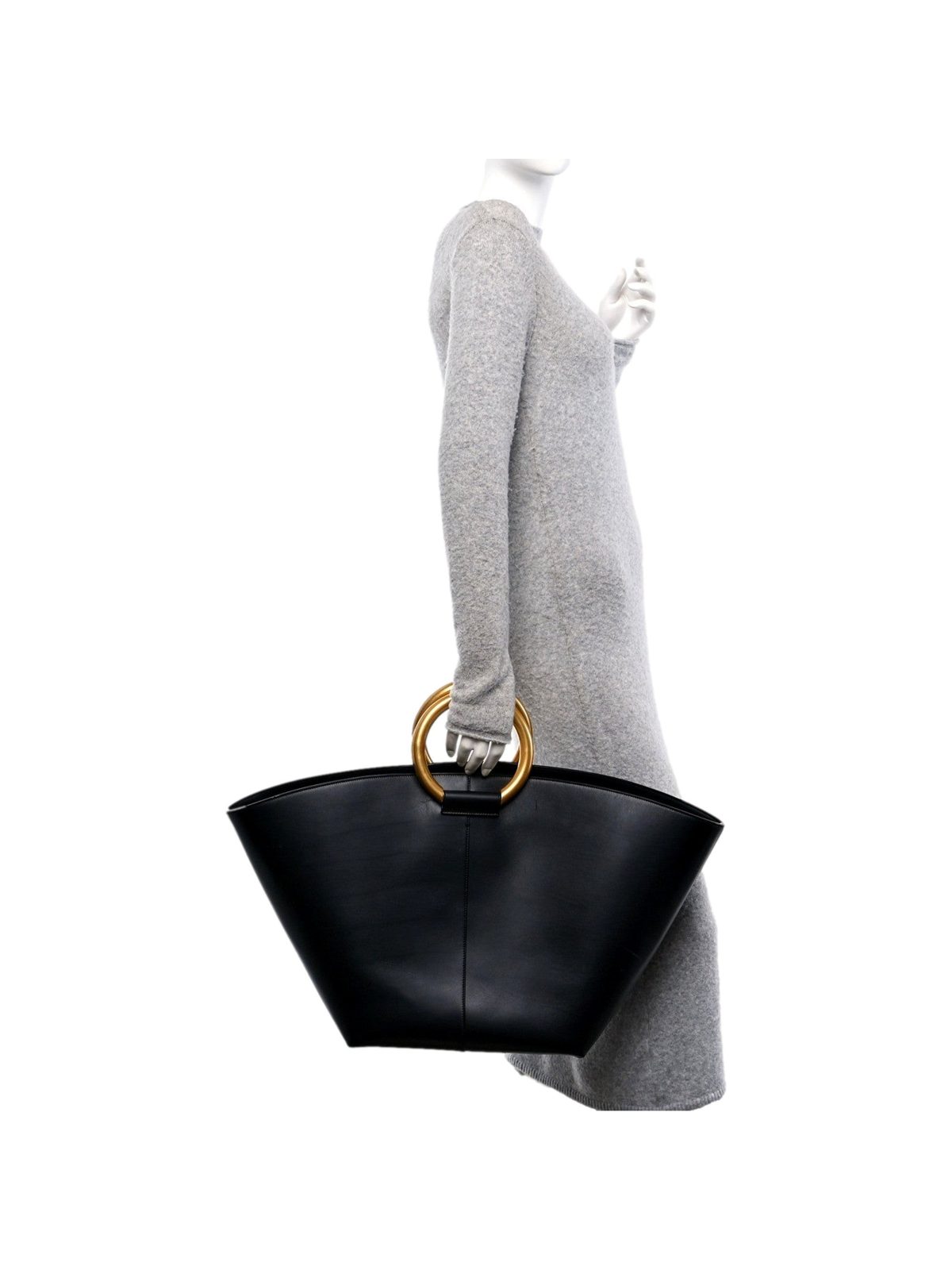 Saint Laurent Maxi Ring Handle Tote in Black Smooth Leather with Gold-Tone Ring Hardware Large