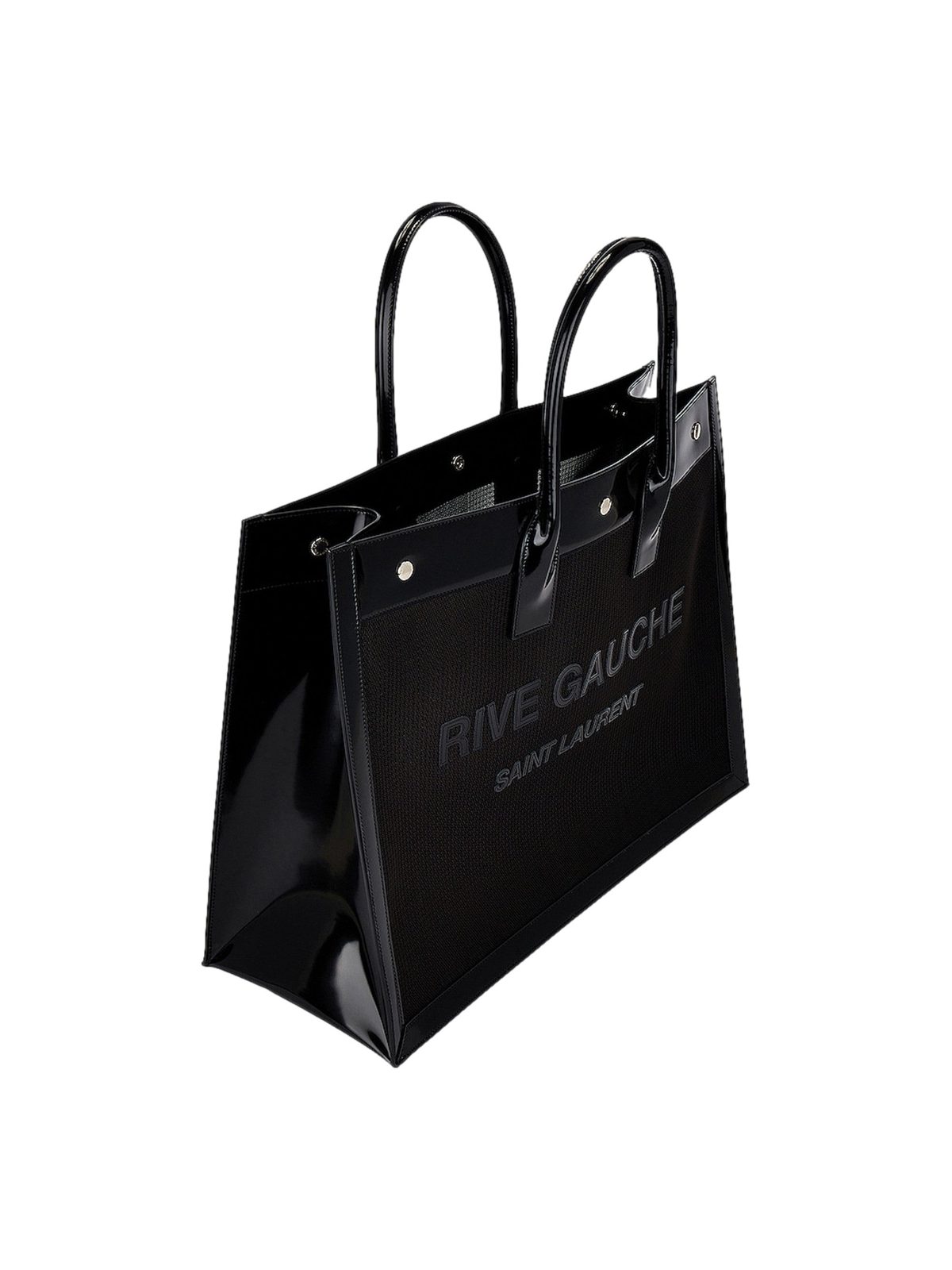 Saint Laurent Rive Gauche Large Tote Bag Black Nylon Leather Trim Silver Hardware