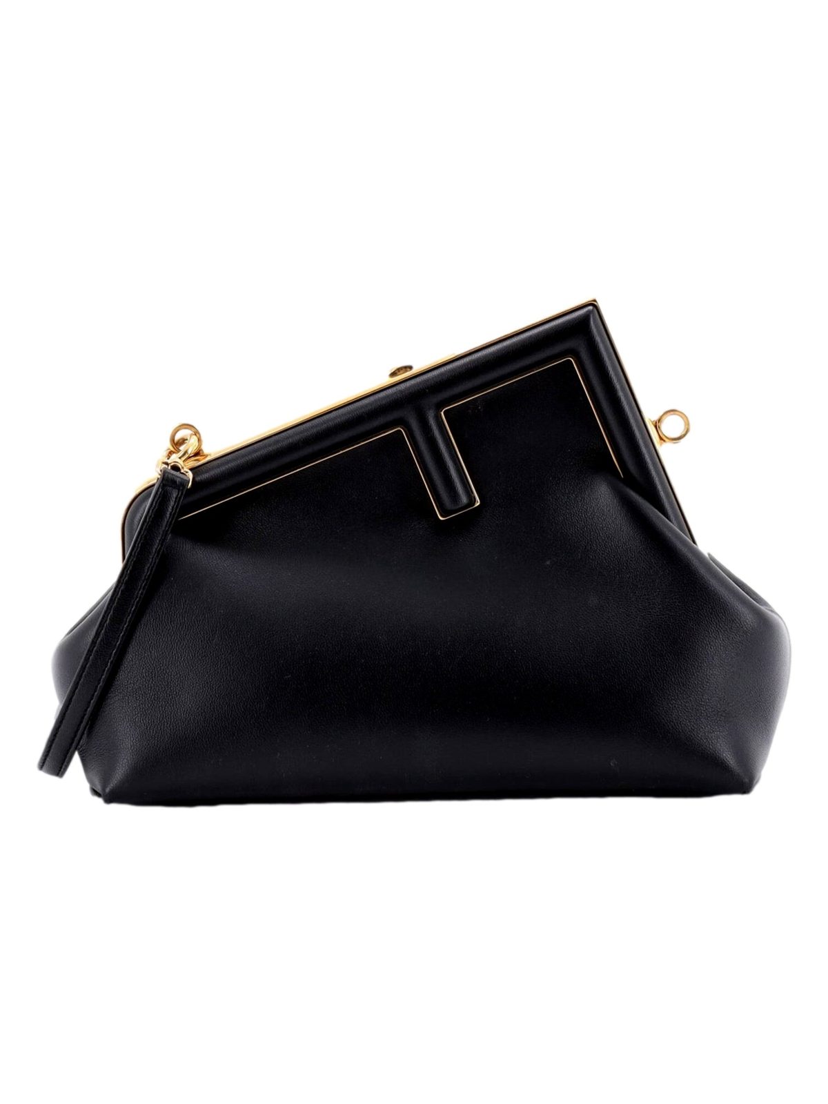 Fendi First Midi Nappa Leather Clutch Crossbody Bag Nero Black Gold FF Logo