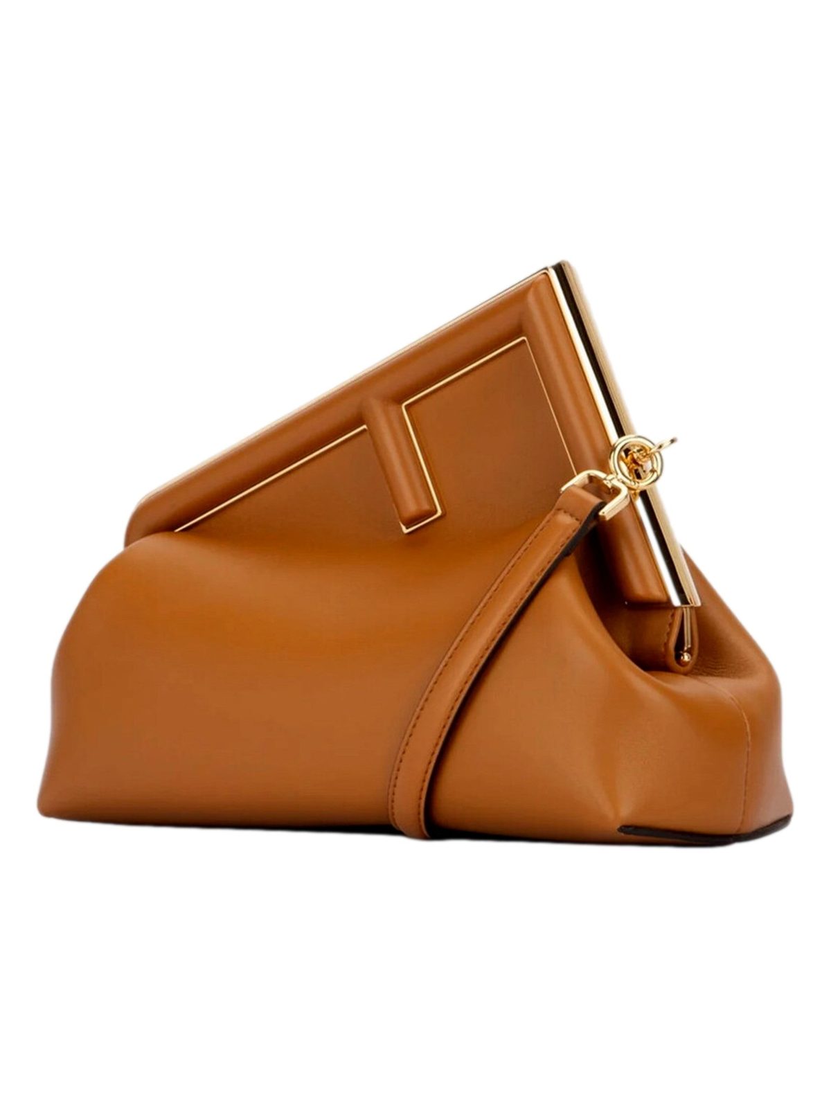Fendi First Midi Clutch Crossbody in Caramel Brown Nappa Leather with Gold FF Logo