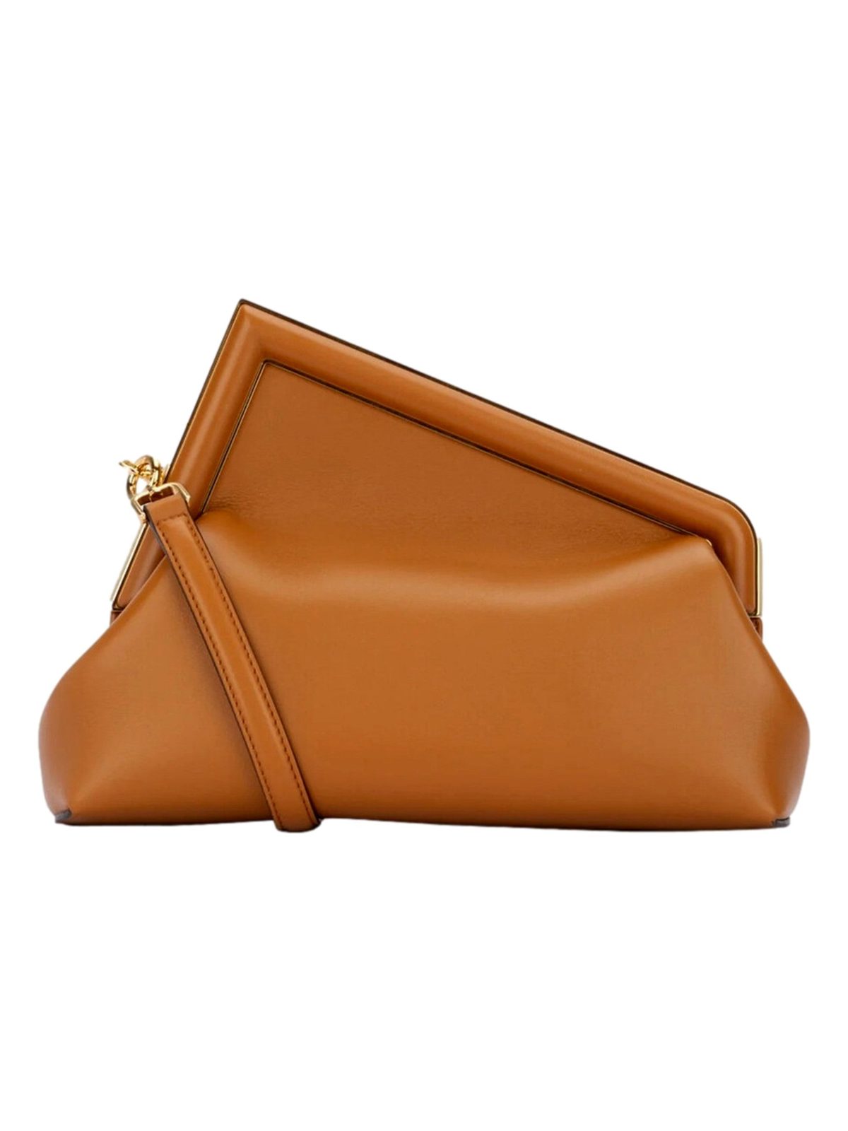 Fendi First Midi Clutch Crossbody in Caramel Brown Nappa Leather with Gold FF Logo