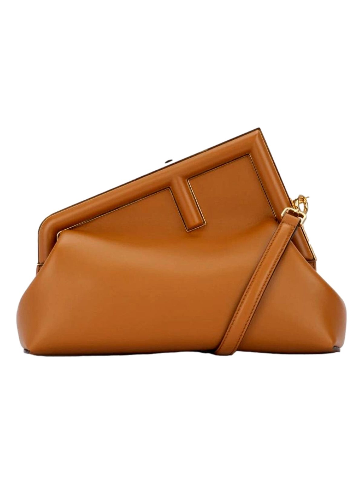 Fendi First Midi Clutch Crossbody in Caramel Brown Nappa Leather with Gold FF Logo
