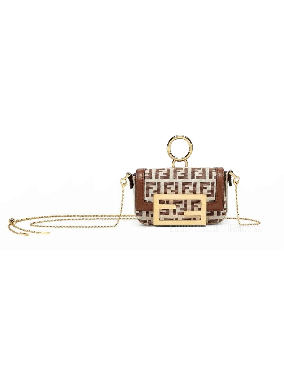 Fendi FF Canvas Nano Baguette Charm Crossbody Bag Brown White Gold Hardware